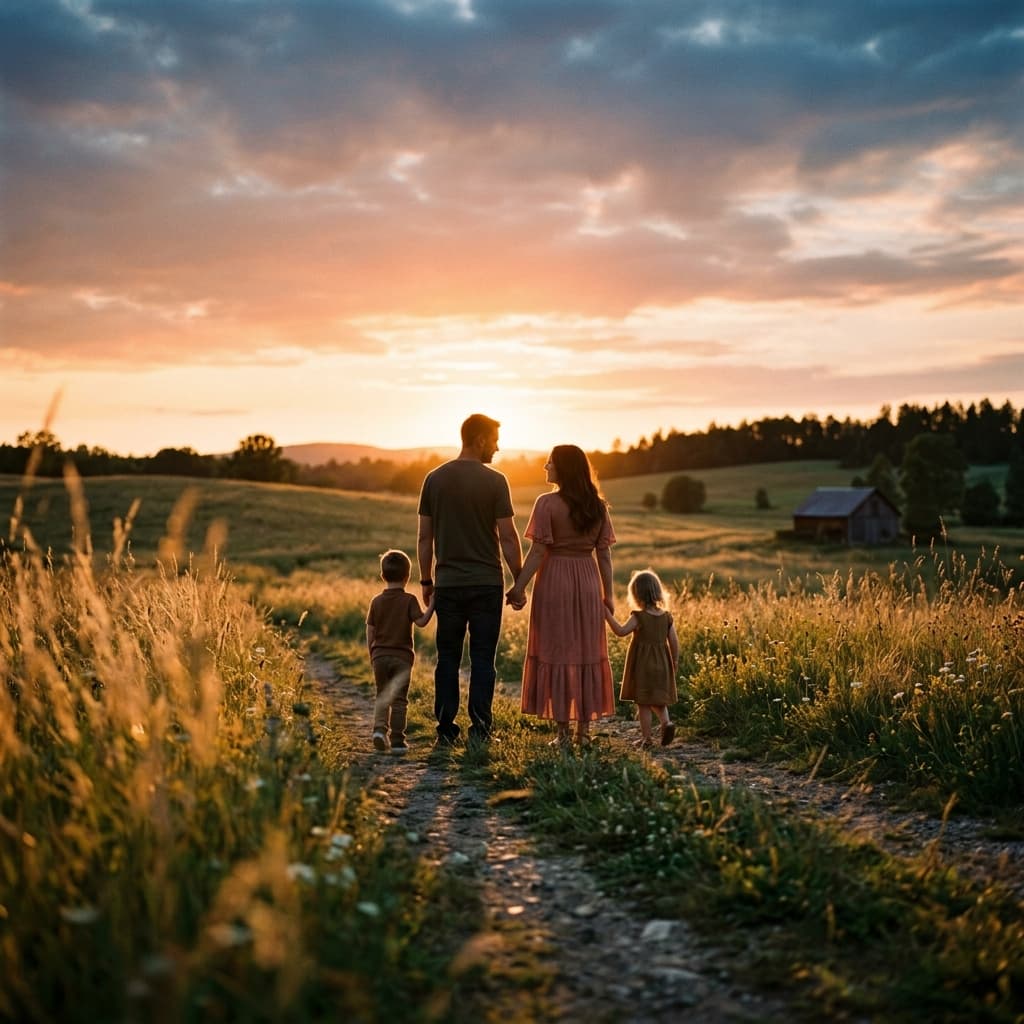 Cozy silhouette of family in sunset field background