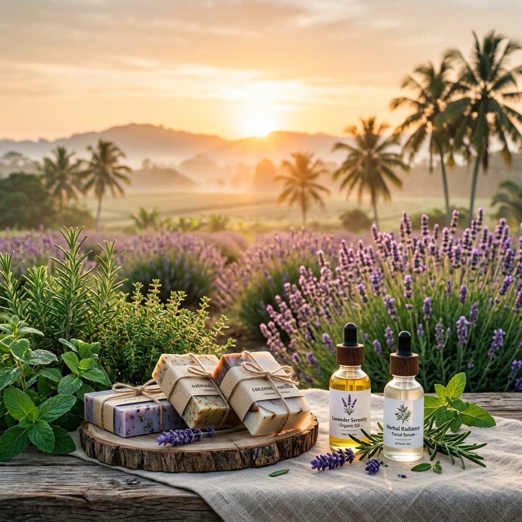 Warm sunrise over herbal fields background