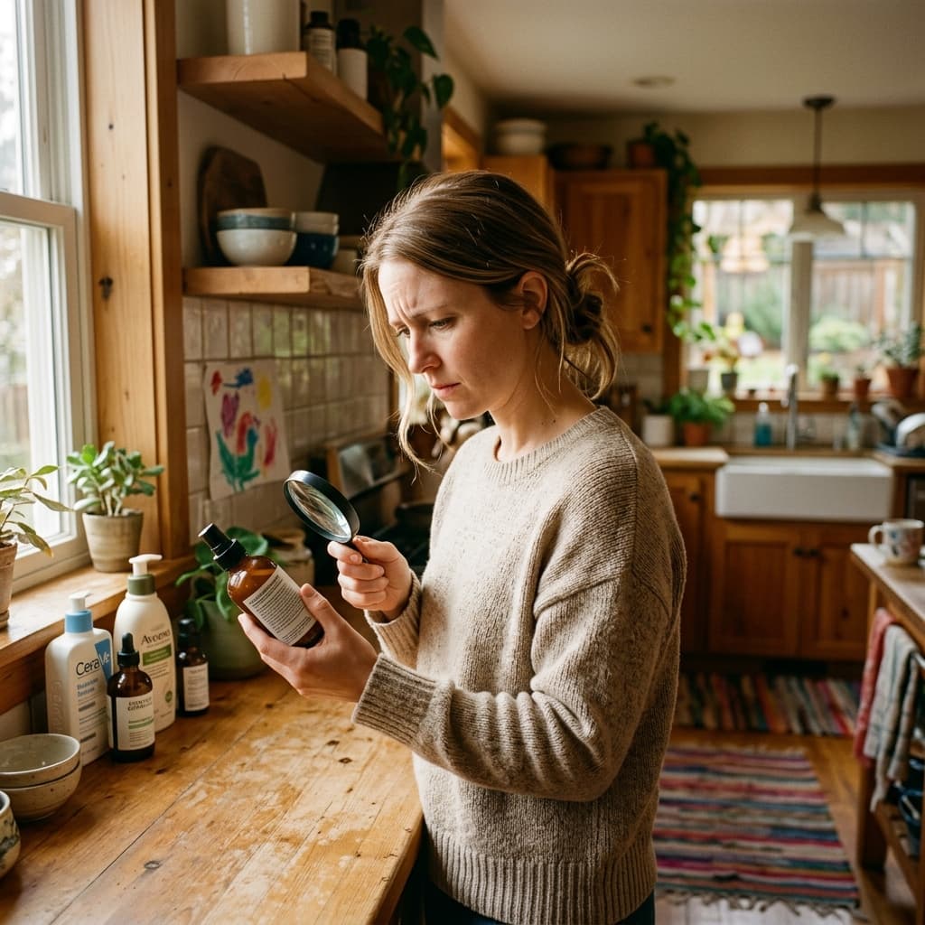 A mother examining commercial skincare product ingredients in a sunlit home kitchen